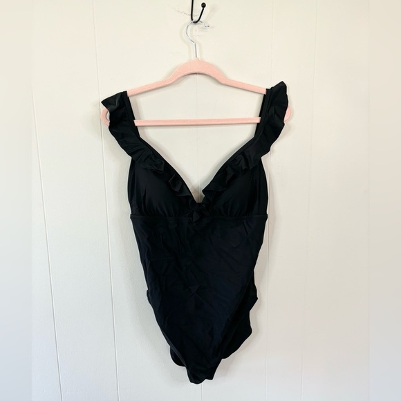 J Crew black Ruffle-shoulder V-neck one-piece swimsuit size L new - Picture 4 of 8